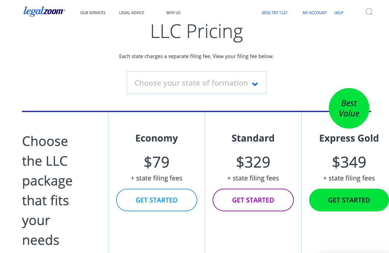 LegalZoom LLC formation service prices and plans 