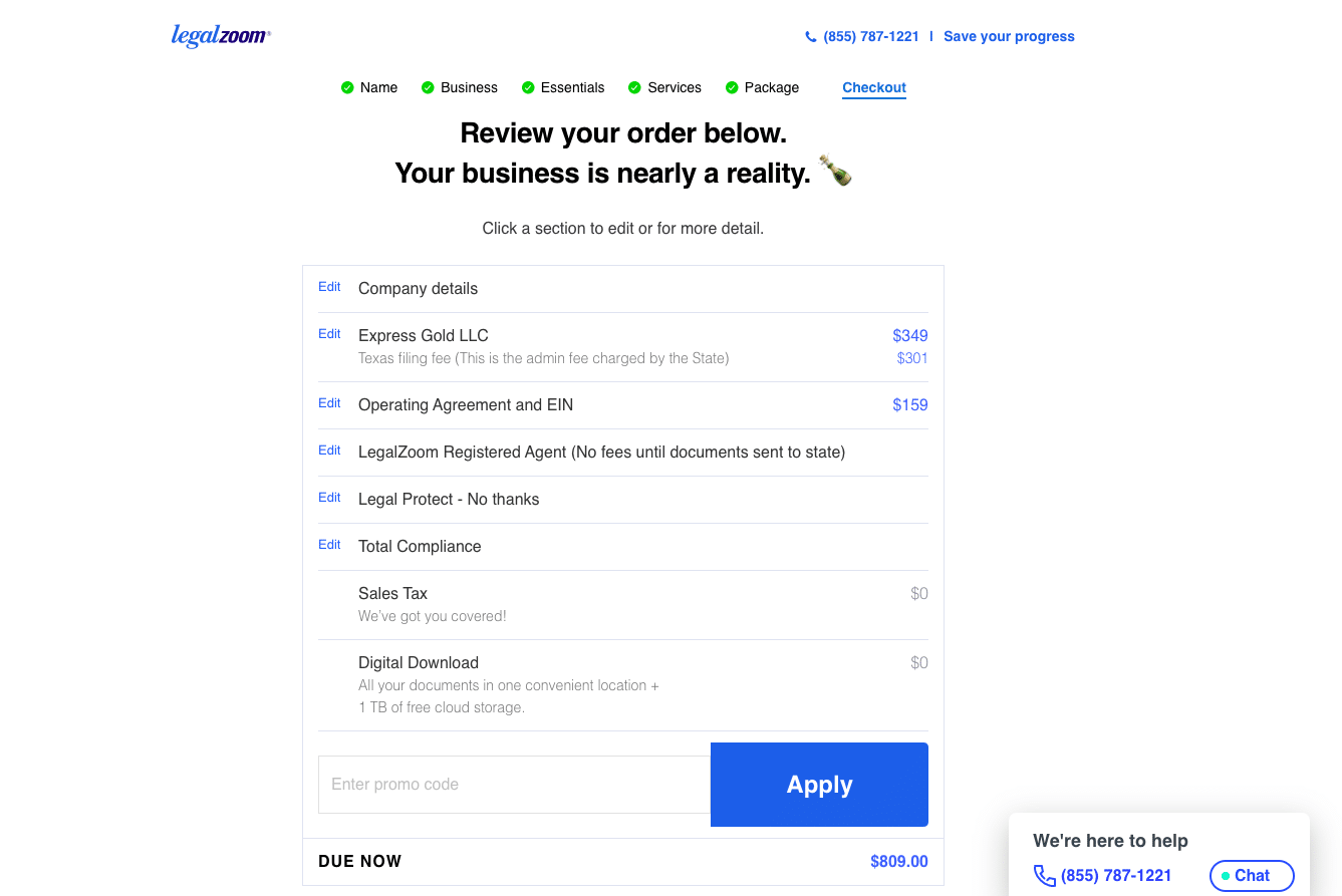 LegaZoom LLC service order page with Express Gold Plan Prices