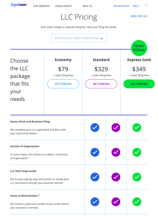 LegalZoom LLC formation prices from the LegalZoom website