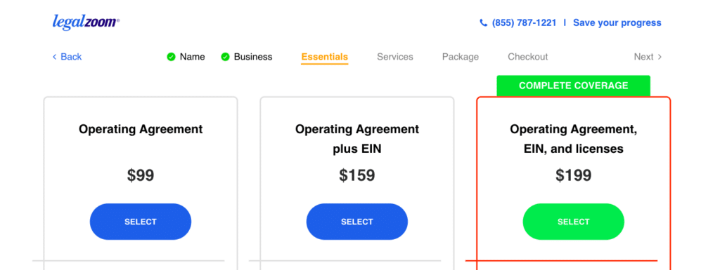 LegalZoom vs ZenBusiness operating agreement, EIN prices