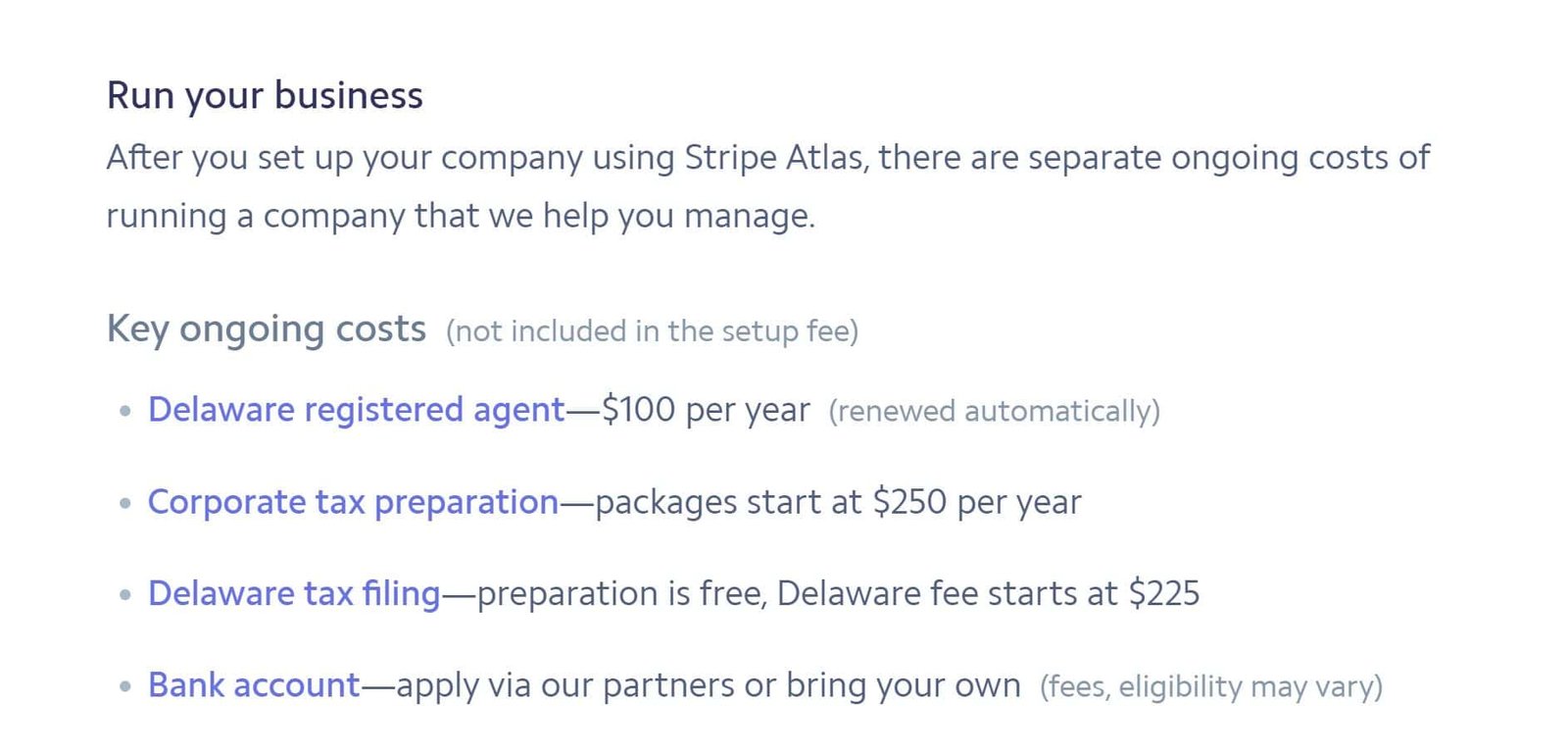 Stripe Atlas ongoing incorporation business cost list