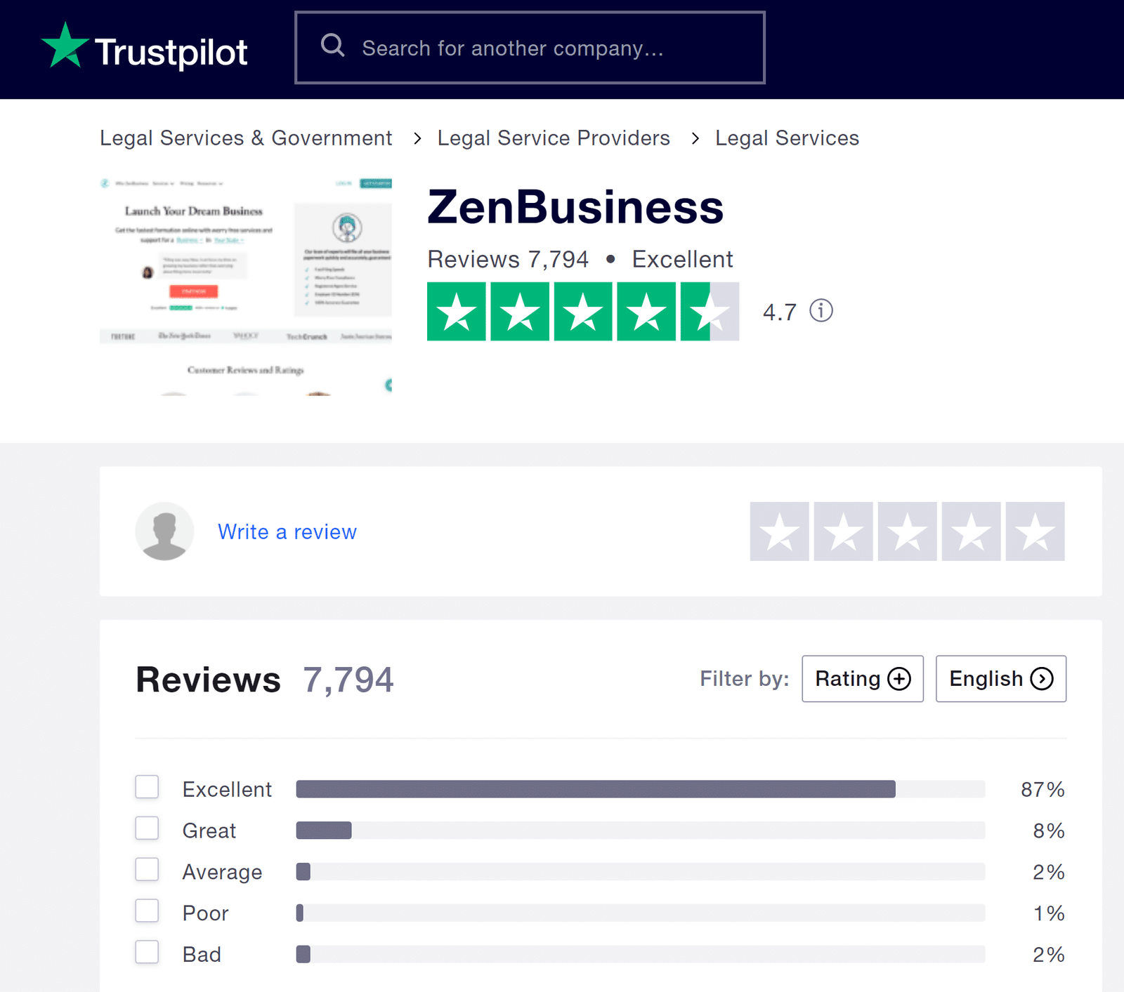 ZenBusiness reviews on Trustpilot