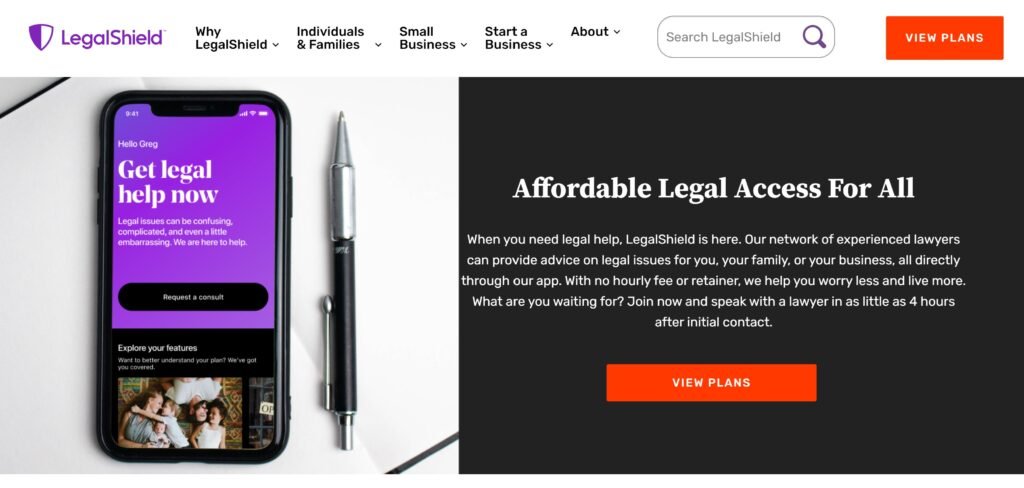 LegalShield home page, best online legal services