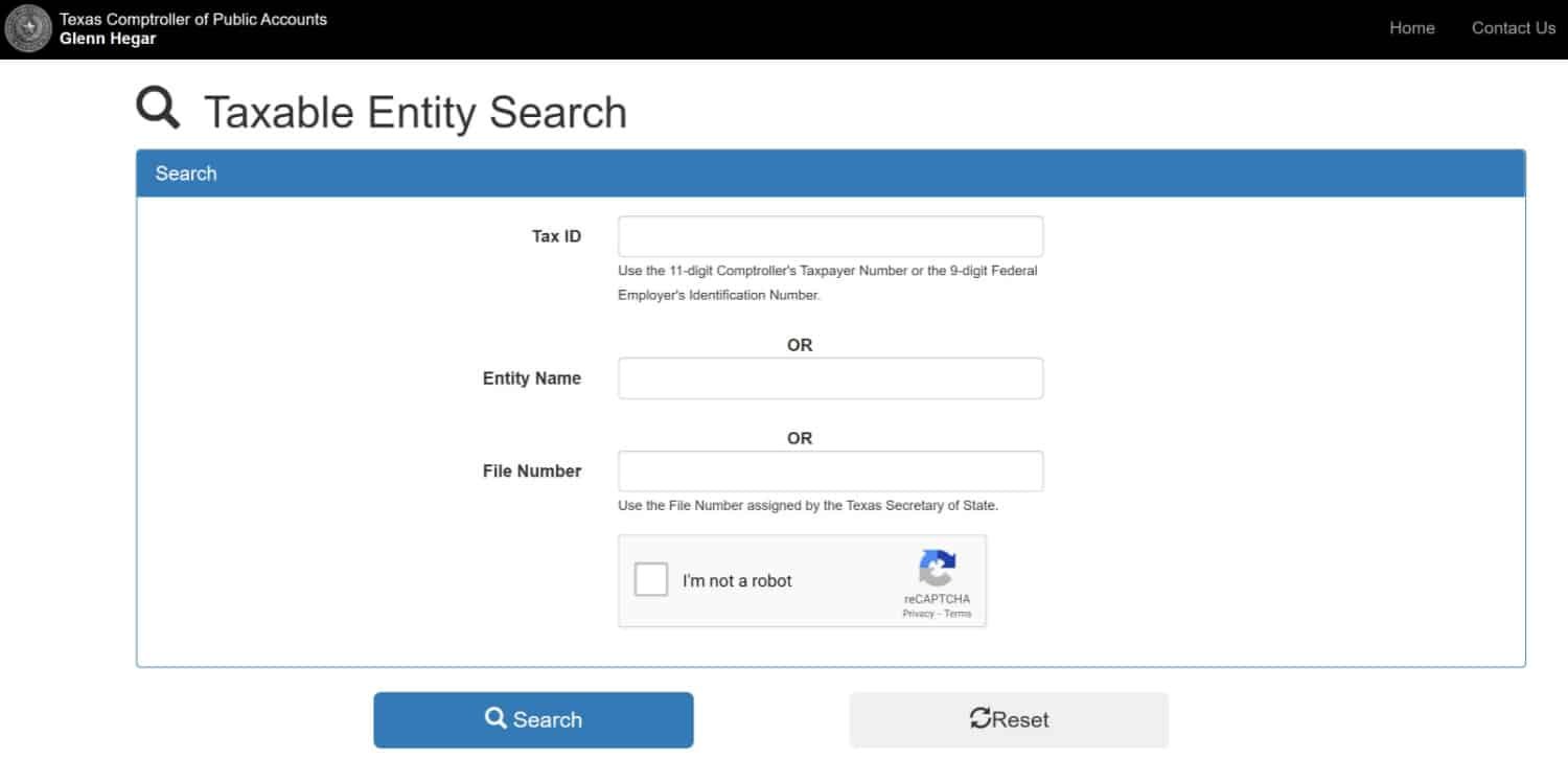 Texas Comptroller's website for business name searches