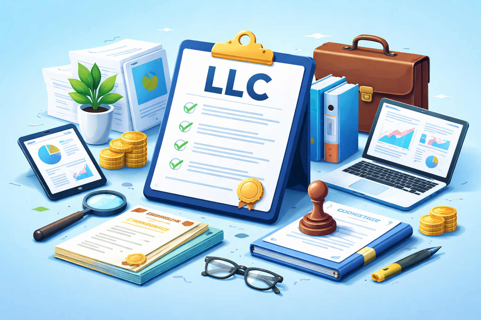 Computer generated art of an LLC agreement and a laptop on a desk